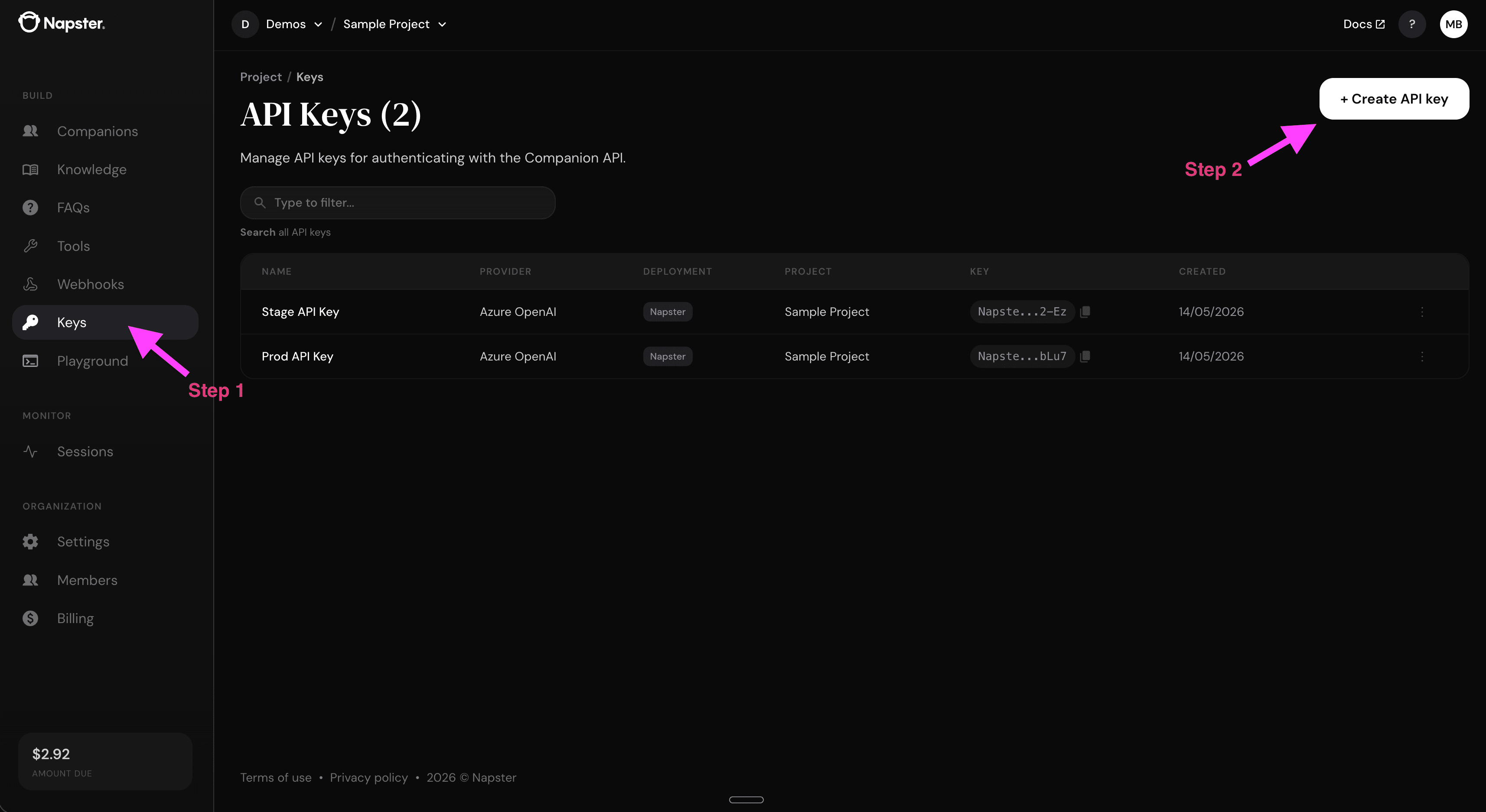 Navigate to Keys and click Create API key