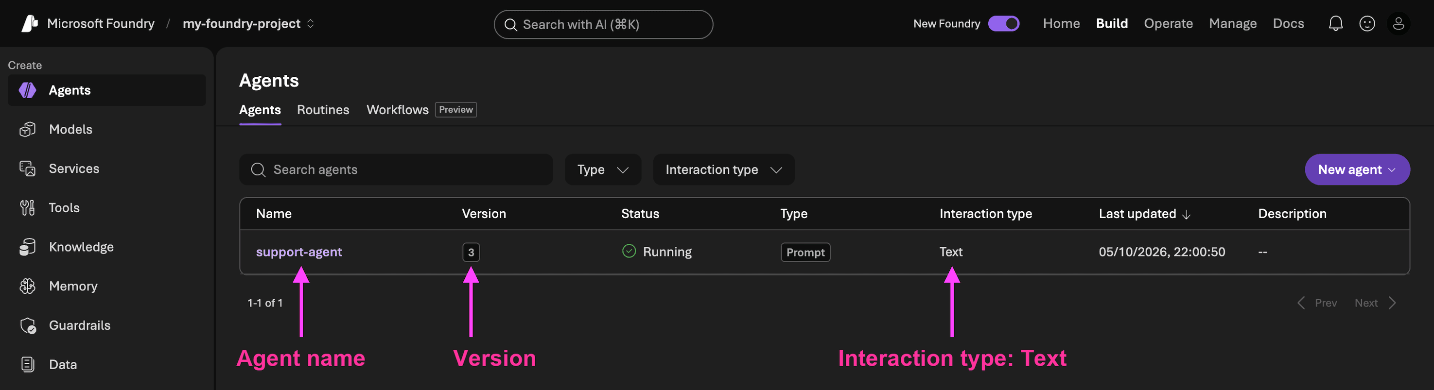 Agent name, version, and interaction type on the Foundry Agents page