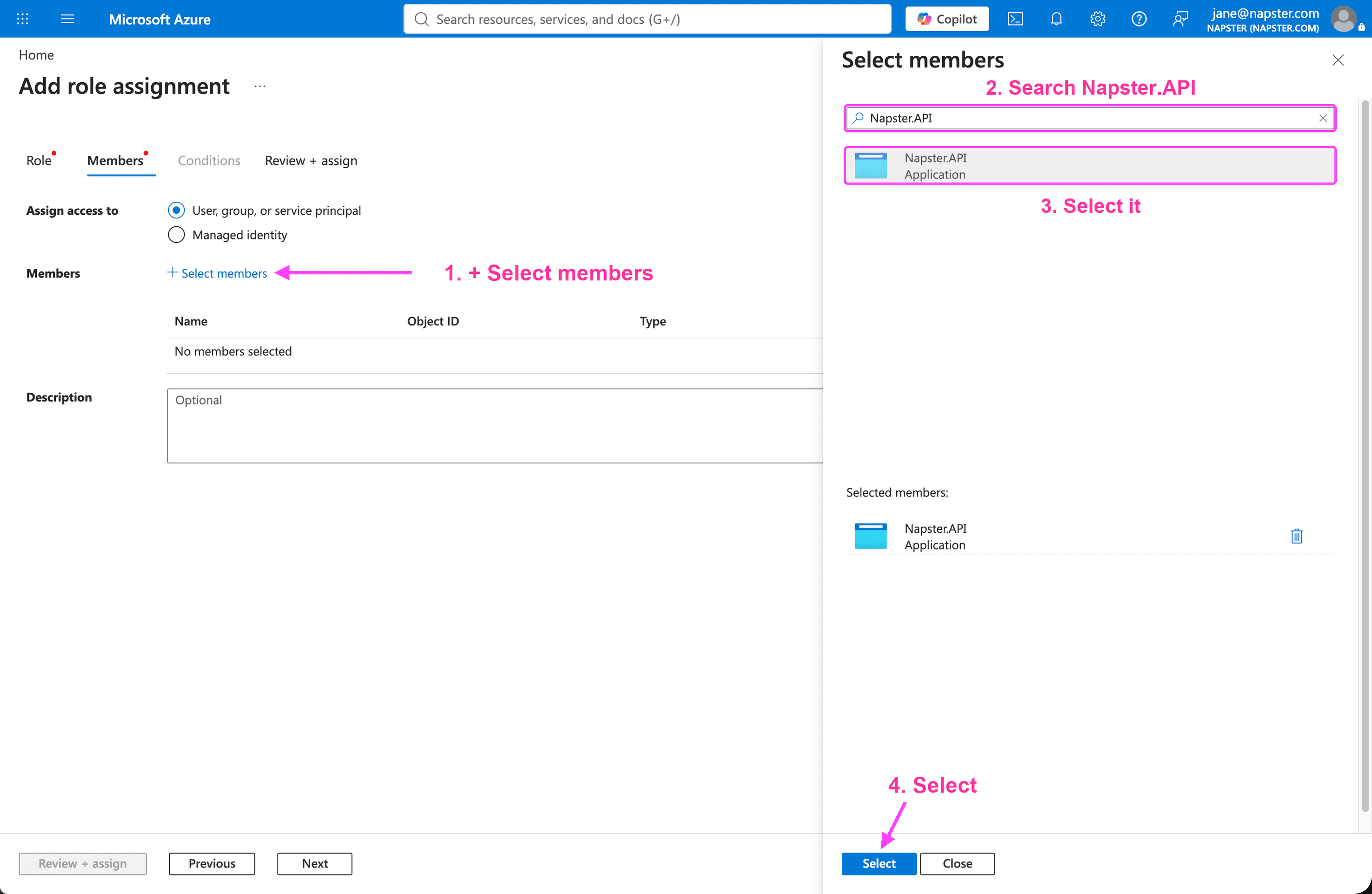 Napster.API selected in the Select members panel