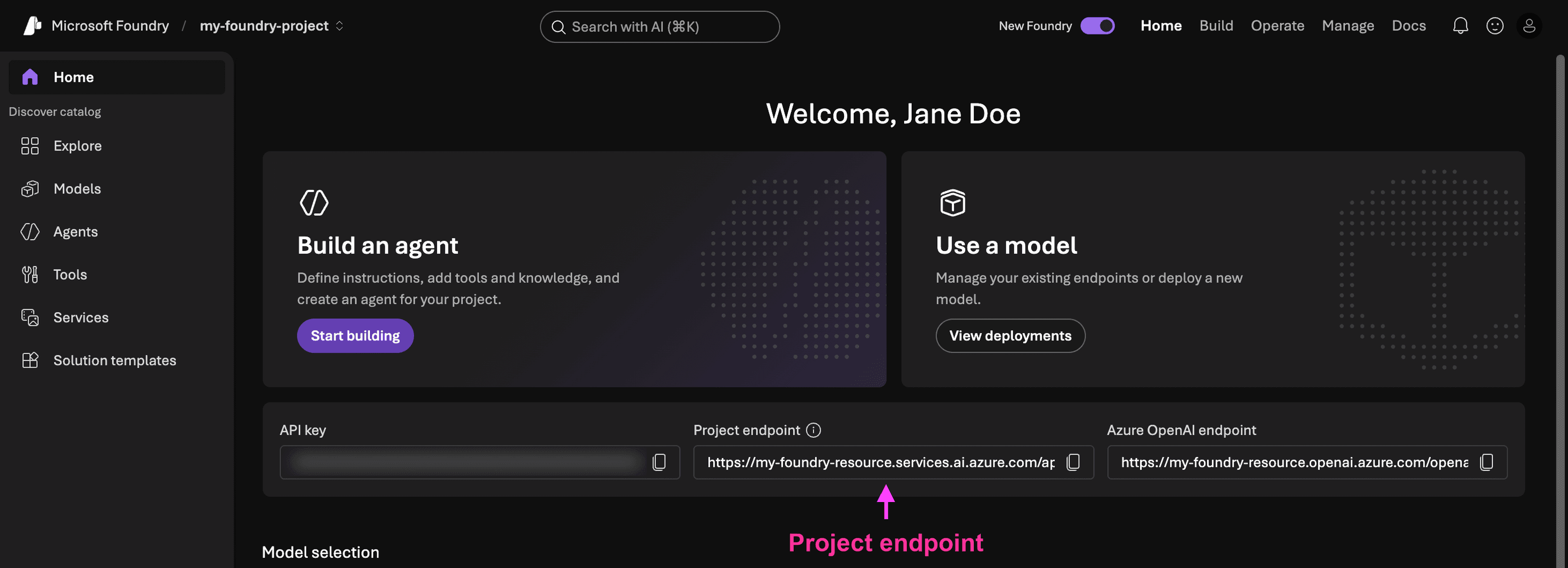 Project endpoint on the Foundry project home page