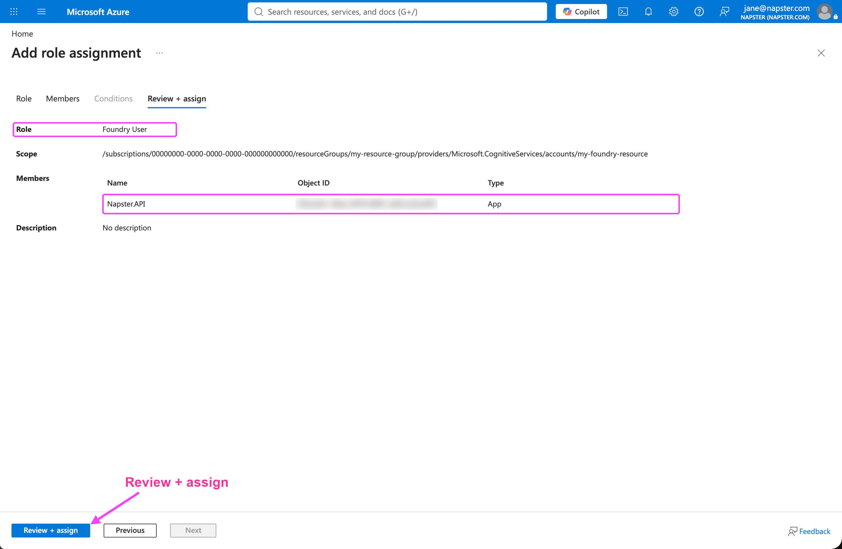 Review + assign tab showing the Foundry User role and the Napster.API member