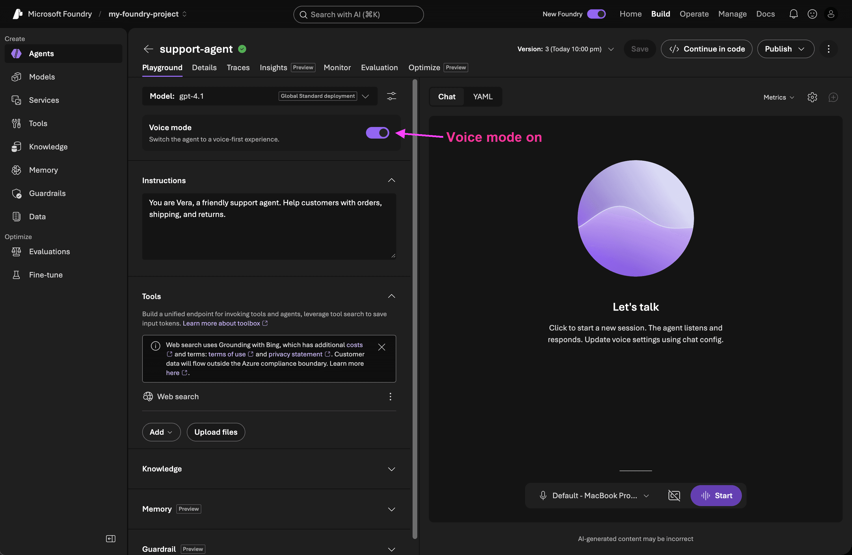 Voice mode turned on in the agent's Playground tab