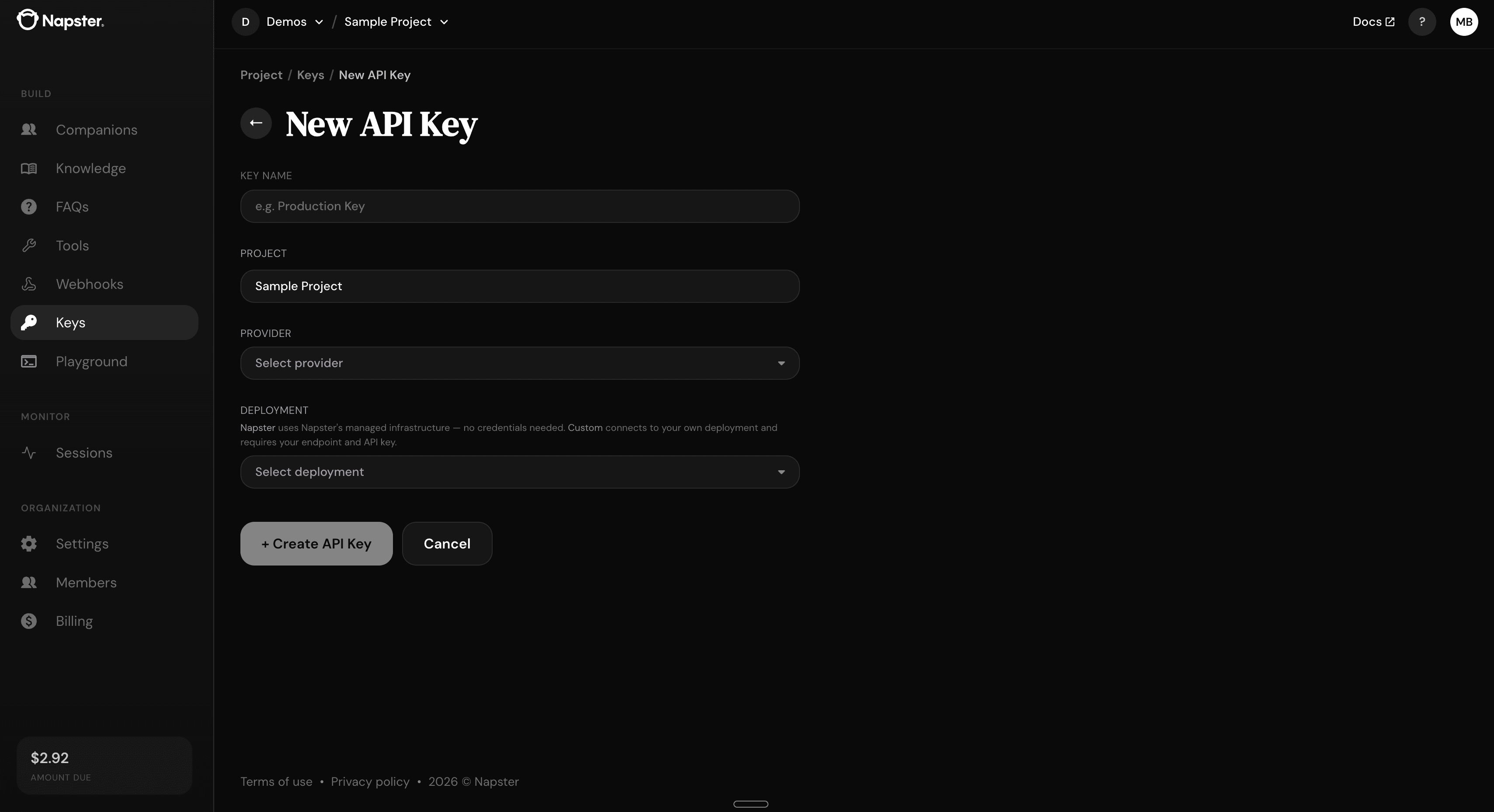 New API Key form