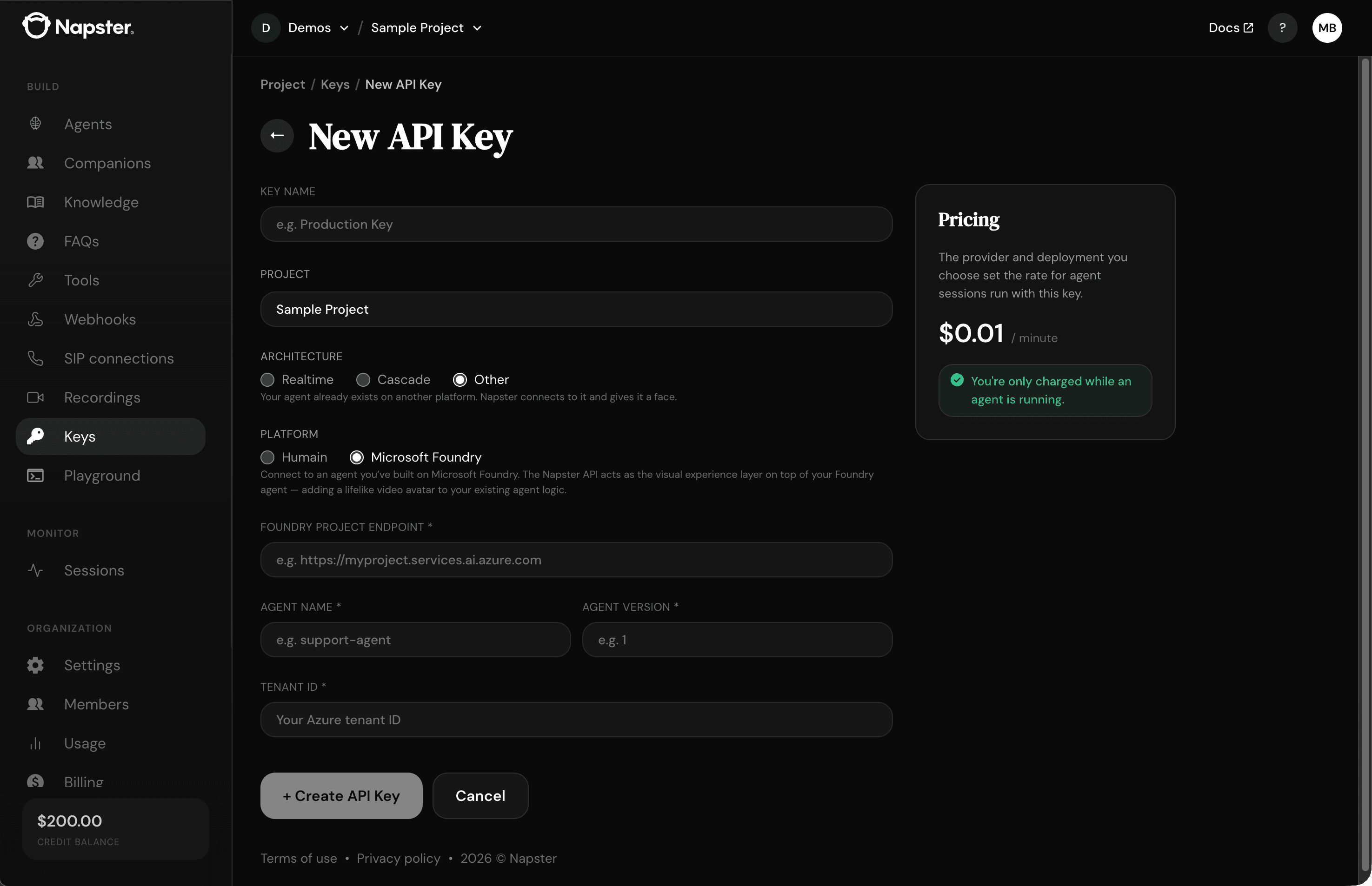 New API Key form with the Microsoft Foundry platform selected