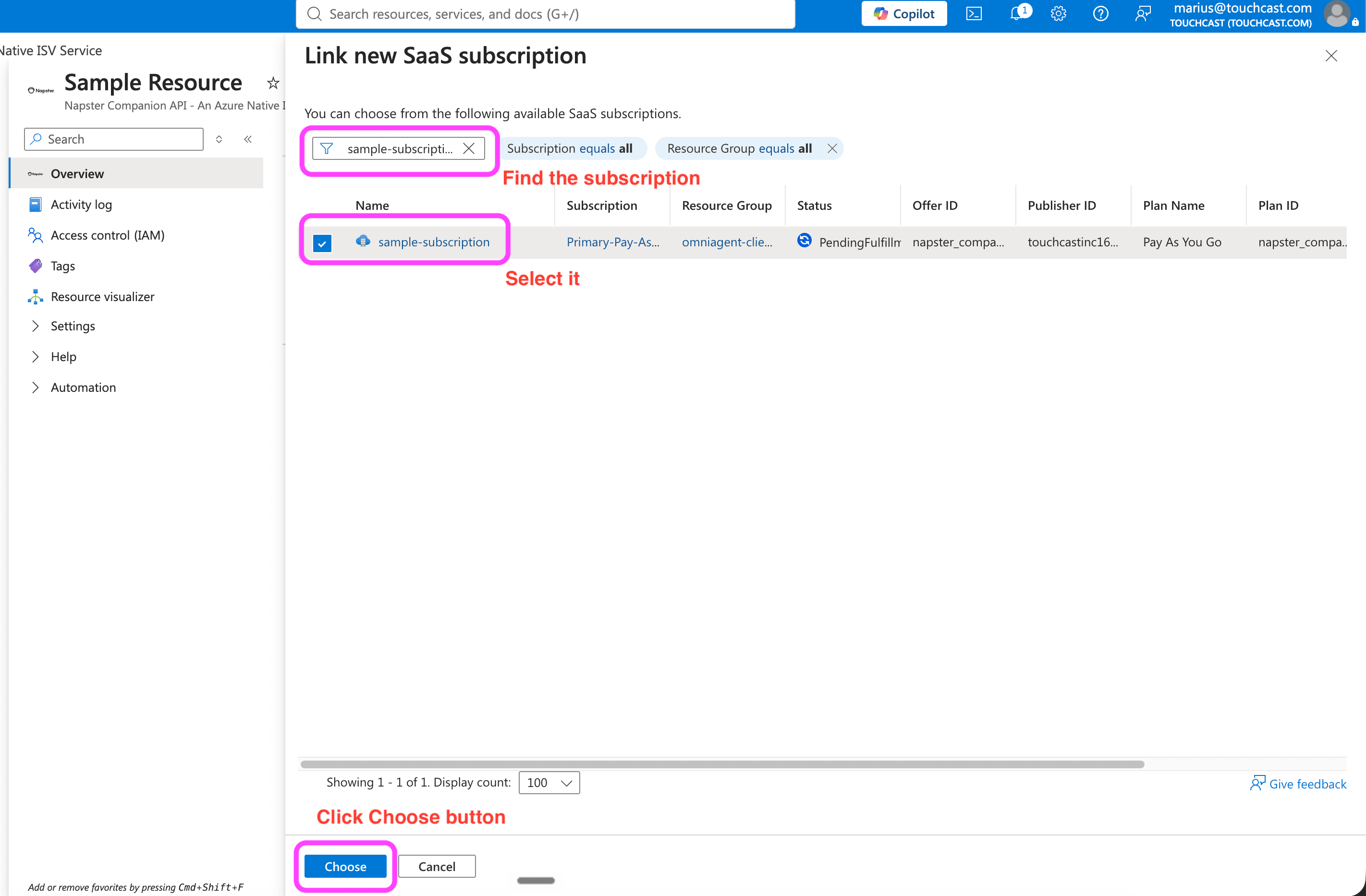 Select the new subscription and click Choose